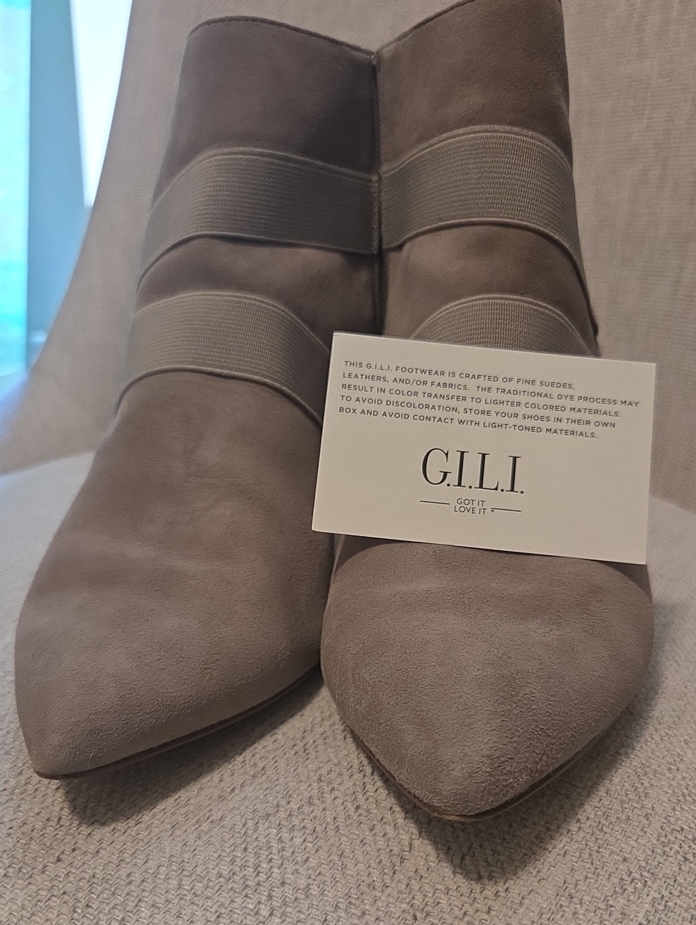 G.I.L.I. Taupe Suede Pointed Toe Elastic Strap Ankle Booties